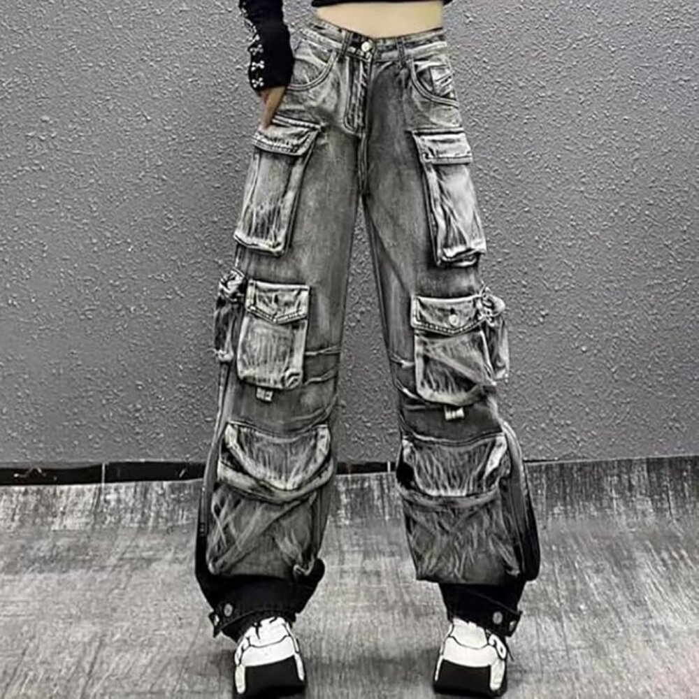 Gothic Y2K Streetwear Women's Cargo Jeans - Multi-Pocket Gradient Denim Pants, H